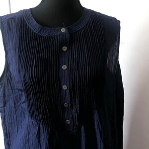 Women's Large Navy Cotton Sleeveless Tunic Pintuck Pleats Lightweight Minimalist